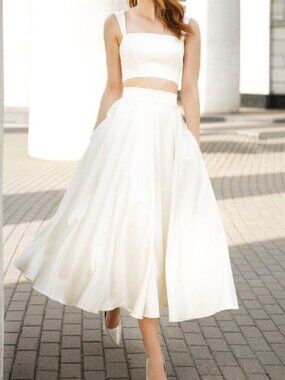 A-Line Tea Length Satin Little White Dress